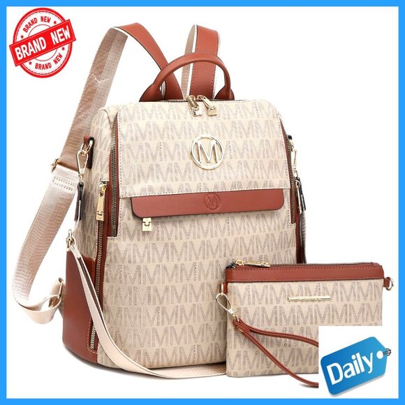Convertible Vegan Leather Backpack with Wristlet, 14L Capacity, Laptop